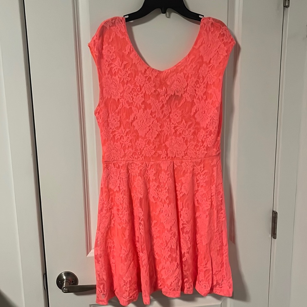 Neon coral, lace, a-line mini dress